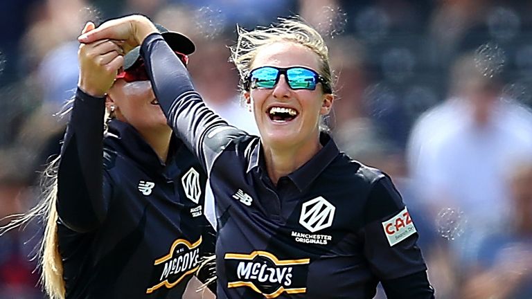Manchester Originals spinner Emma Lamb celebrates one of her three wickets (Credit: ECB)