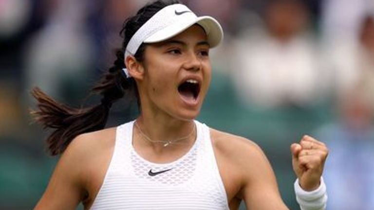 Emma Raducanu reacts during her Ladies&#39; Singles third round match against Sorana Cirstea on day six of Wimbledon at The All England Lawn Tennis and Croquet Club, Wimbledon. Picture date: Saturday July 3, 2021.