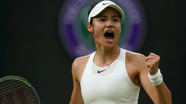 Emma Raducanu celebrates a point against Ajla Tomljanovic in their Women&#39;s Singles Round of 16 match on day seven of Wimbledon at The All England Lawn Tennis and Croquet Club, Wimbledon. Picture date: Monday July 5, 2021.