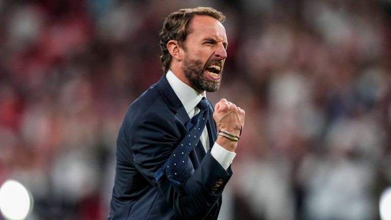 England manager Gareth Southgate celebrates the victory over Denmark