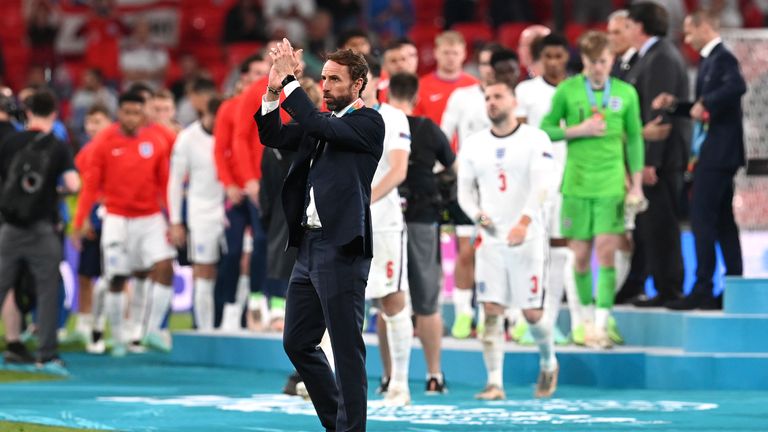 England's manager Gareth Southgate applauds after the Euro 2020 soccer championship final match between England and Italy at Wembley 