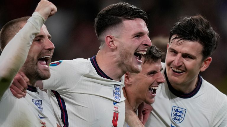 England's players celebrate reaching the final of Euro 2020 after beating Denmark 2-1 in Extra Time.