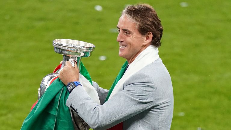 Italy manager Roberto Mancini with the The Henri Delaunay Cup following the UEFA Euro 2020 Final at Wembley 