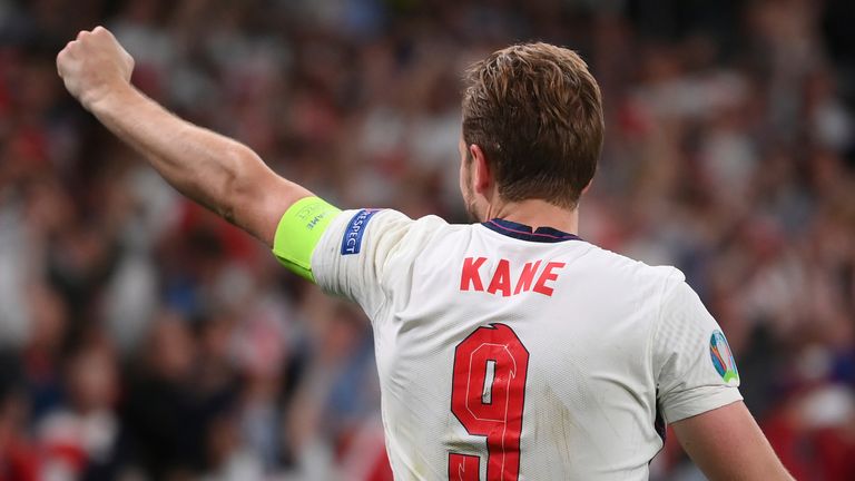 England's Harry Kane celebrates scoring his side's second goal during the Euro 2020 soccer semifinal match between England and Denmark at Wembley