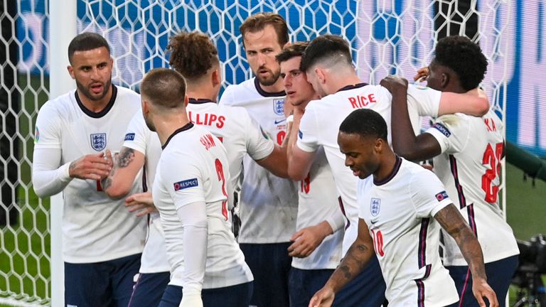 England players celebrate their first goal against Denmark