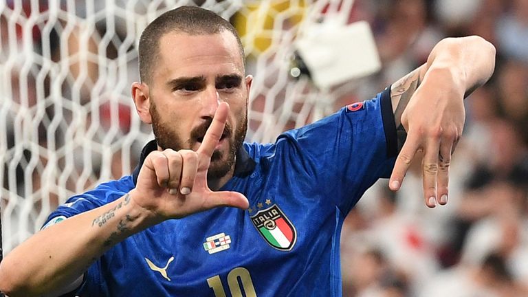 Italy's Leonardo Bonucci celebrates after equalising against England