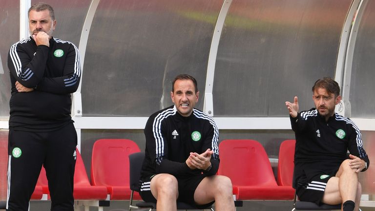 Celtic manager Ange Postecoglou, assistant coach John Kennedy and assistant coach Gavin Strachan