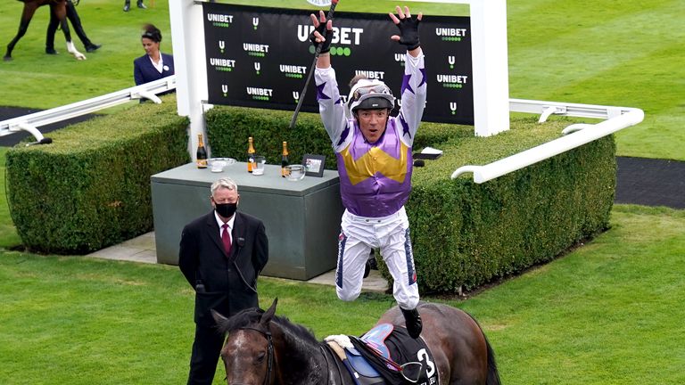 Frankie Dettori treats the Goodwood crowd to a flying dismount after victory on Angel Bleu
