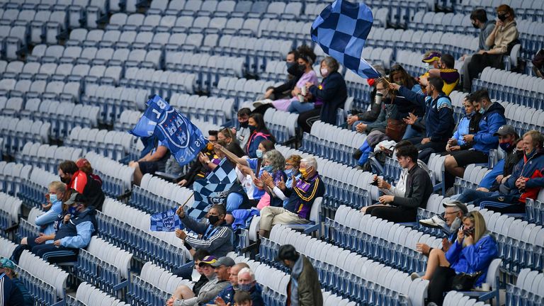 3 July 2021; Dublin supporters during the Leinster GAA Hurling Senior Championship Semi-Final match between Dublin and Galway at Croke Park in Dublin. Photo by Seb Daly/Sportsfile