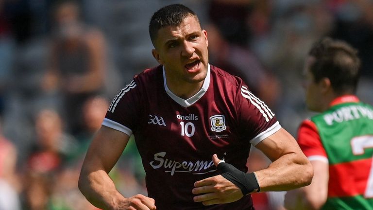 25 July 2021; Damien Comer of Galway celebrates after scoring his side's second goal during the Connacht GAA Senior Football Championship Final match between Galway and Mayo at Croke Park in Dublin. Photo by Harry Murphy/Sportsfile