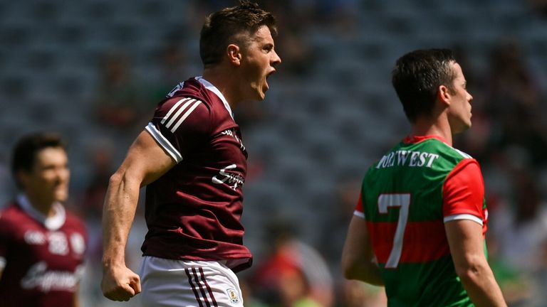 25 July 2021; Shane Walsh of Galway celebrates after scoring his side's first goal during the Connacht GAA Senior Football Championship Final match between Galway and Mayo at Croke Park in Dublin. Photo by Harry Murphy/Sportsfile