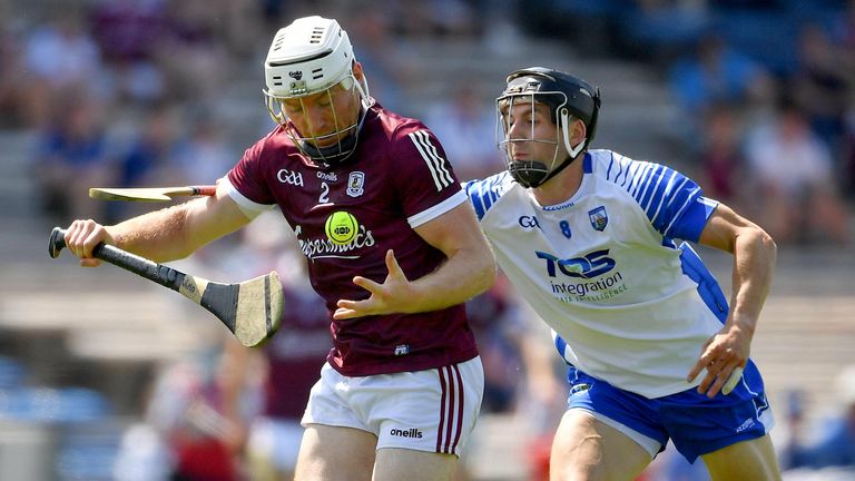 24 July 2021; Shane Cooney of Galway is tackled by Jame Barron of Waterford during the GAA Hurling All-Ireland Senior Championship Round 2 match between Waterford and Galway at Semple Stadium in Thurles, Tipperary. Photo by Ray McManus/Sportsfile