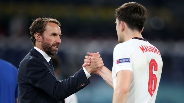 Gareth Southgate and Harry Maguire celebrate after England's win against Ukraine at Euro 2020