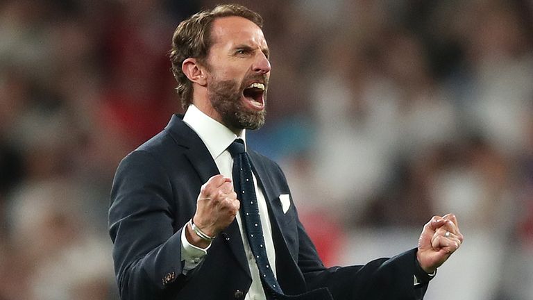 England manager Gareth Southgate celebrates reaching the final after the UEFA Euro 2020 semi final match at Wembley Stadium, London. Picture date: Wednesday July 7, 2021.
