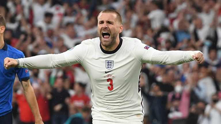 Luke Shaw celebrates after putting England ahead against Italy