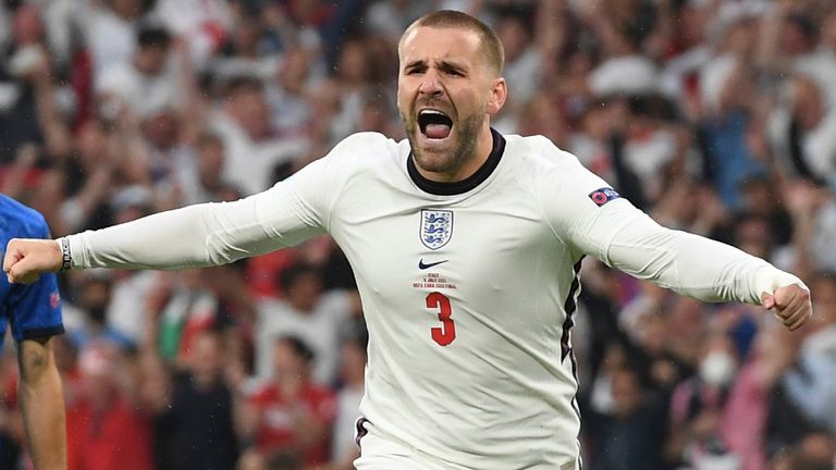 Luke Shaw celebrates after putting England ahead against Italy