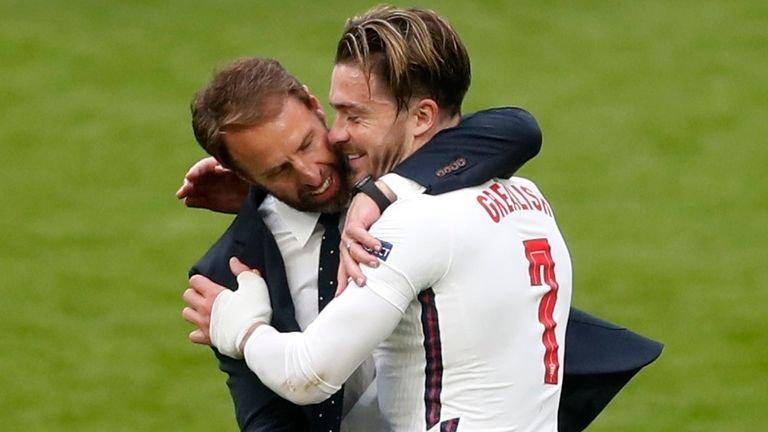 Gareth Southgate embraces Jack Grealish after England beat Germany