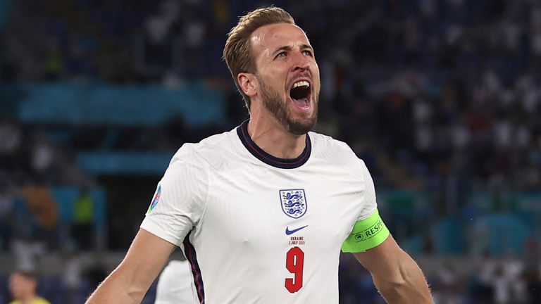 Harry Kane celebrates scoring for England vs Ukraine