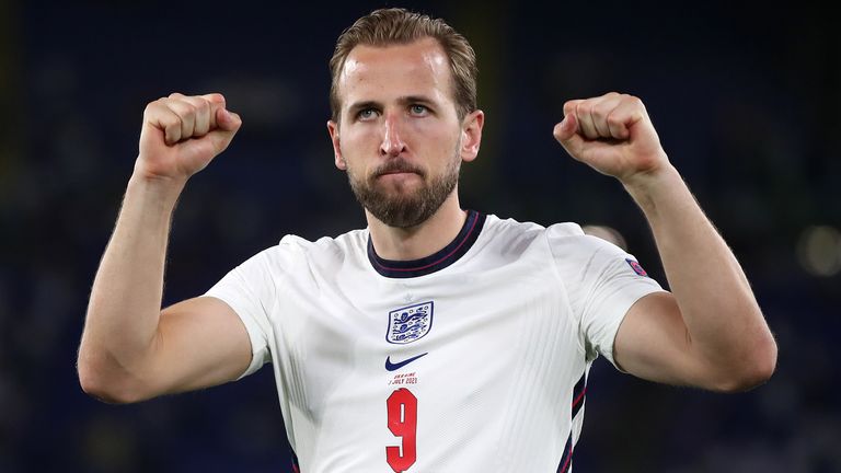 England's Harry Kane celebrates after the UEFA Euro 2020 Quarter Final match at the Stadio Olimpico, Rome. Picture date: Saturday July 3, 2021.