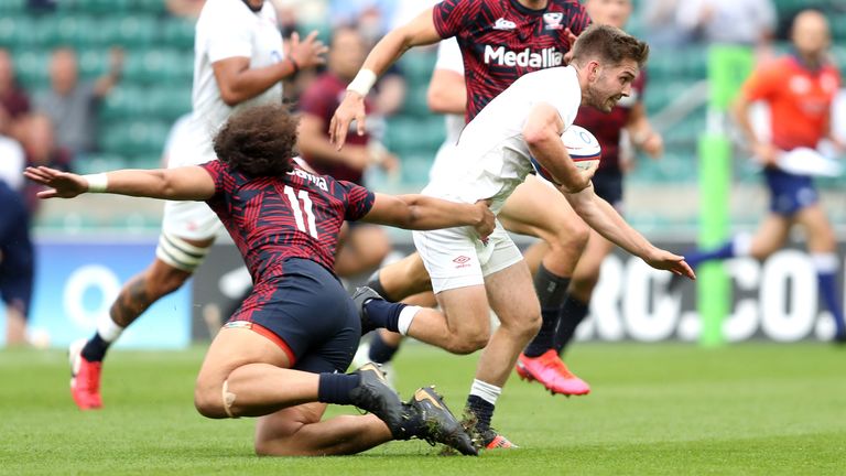 England v USA - Summer Series 2021 - Twickenham Stadium
England's Harry Randall breaks free to score his sides seventh try during the Summer Series match at Twickenham Stadium, London. Picture date: Sunday July 4, 2021.