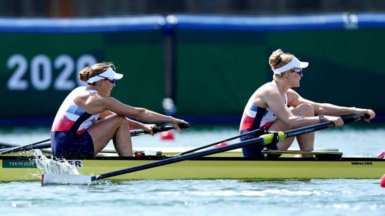 Great Britain's Helen Glover and Polly Swann in action during the Women's Pair Heat 2 on the first day of the Tokyo 2020 Olympic Games (PA)