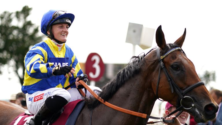 Hollie Doyle smiles as Goodwood Cup winner Trueshan is led back into the winner's enclosure