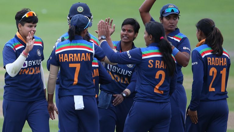 The India Women&#39;s players celebrate their victory over England during the Women&#39;s Second T20 International match between England and India at The 1st Central County Ground on July 11, 2021 in Hove, England. (