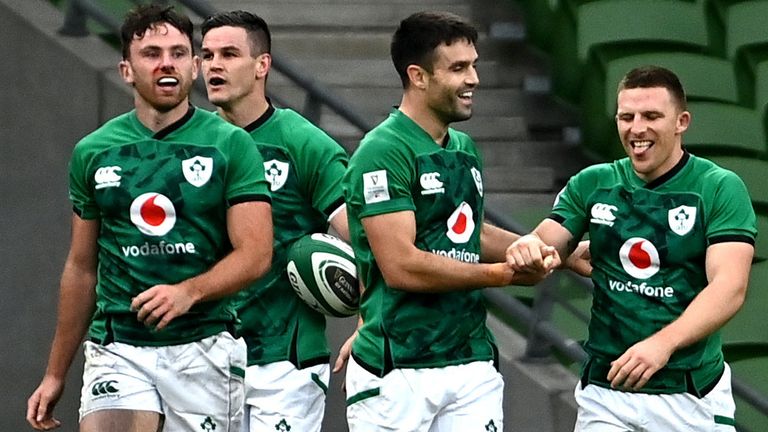 24 October 2020; Ireland players, from left, Hugo Keenan, Jonathan Sexton, Conor Murray and Andrew Conway celebrate a try during the Guinness Six Nations Rugby Championship match between Ireland and Italy at the Aviva Stadium in Dublin. 