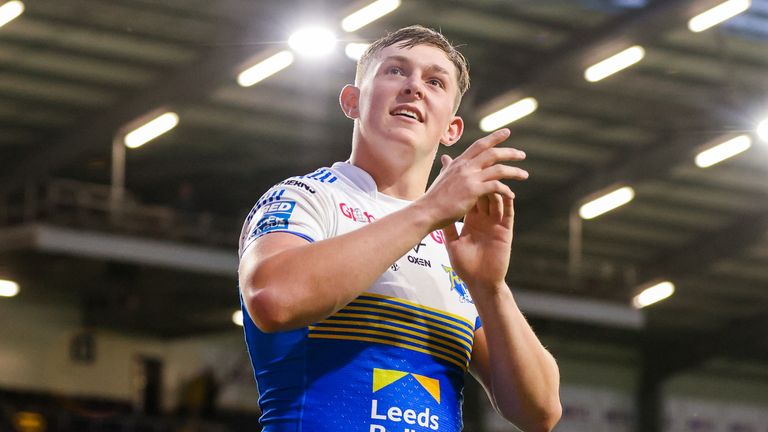 Picture by Alex Whitehead/SWpix.com - 01/07/2021 - Rugby League - Betfred Super League - Leeds Rhinos v Leigh Centurions - Emerald Headingley Stadium, Leeds, England - Leeds&#39; Jack Broadbent celebrates the win after scoring four tries and winning the man of the match award.