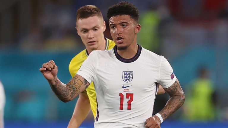 Jadon Sancho in action for England vs Ukraine