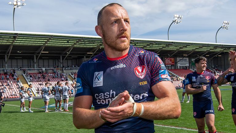 Picture by Allan McKenzie/SWpix.com - 05/06/2021 - Rugby League - Betfred Challenge Cup Semi Final - Hull FC v St Helens - Leigh Sports Village, Leigh , England - St Helens's James Roby thanks the fans after his side's victory over Hull FC to reach the Betfred Challenge Cup final.