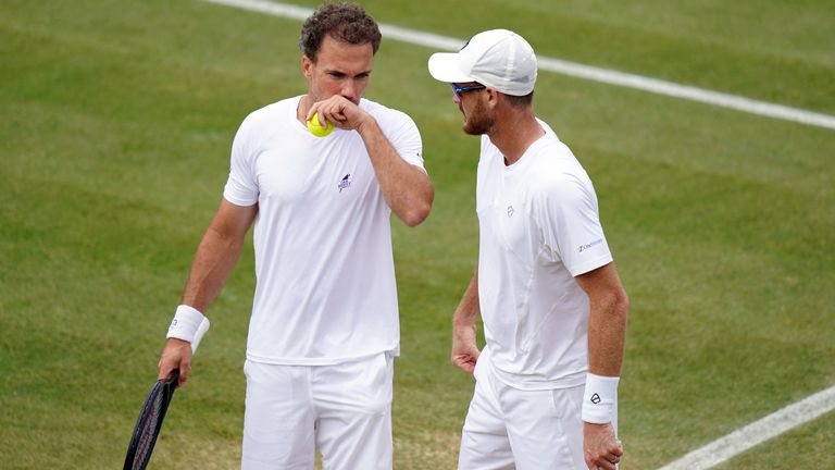Jamie Murray and Bruno Soares in action in their Gentlemen's Doubles match against Andrey Golubev and Robin Haase on court twelve on day six of Wimbledon at The All England Lawn Tennis and Croquet Club, Wimbledon. Picture date: Saturday July 3, 2021.