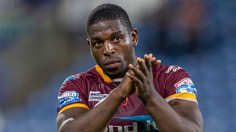 Picture by Allan McKenzie/SWpix.com - 22/07/2021 - Rugby League - Betfred Super League Round 15 - Huddersfield Giants v Hull FC - John Smith's Stadium, Huddersfield, England - Huddersfield's Jermaine McGillvary thanks the fans for their support after his side defeats Hull FC.