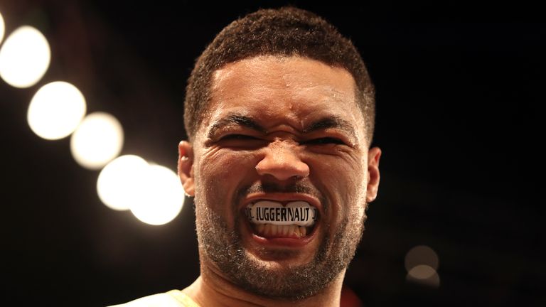 Joe Joyce walks shows off his mouthguard prior to the Commonwealth Heavyweight Championship bout at the O2 Arena, London. PRESS ASSOCIATION Photo. Picture date: Saturday May 5, 2018. See PA story BOXING London. Photo credit should read: Nick Potts/PA Wire