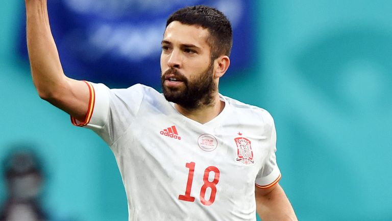 Jordi Alba celebrates after giving Spain the lead against Switzerland