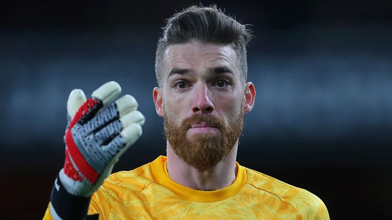 February 27, 2020, London, United Kingdom: Olympiakos goalkeeper Jose Sa during the UEFA Europa League match at the Emirates Stadium, London. Picture date: 27th February 2020. Picture credit should read: Paul Terry/Sportimage(Credit Image: © Paul Terry/CSM via ZUMA Wire) (Cal Sport Media via AP Images)