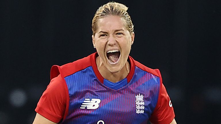 Katherine Brunt of England celebrates after taking the wicket of Shafali Verma of India during the Women's First T20 International between England and India at The County Ground on July 09, 2021 in Northampton, England.