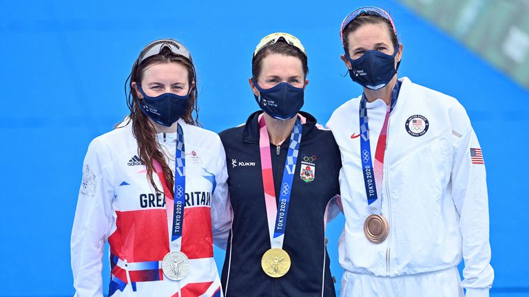 Taylor-Brown, Flora Duffy and Katie Zafares (left to right) pose on the podium following the women's triathlon final