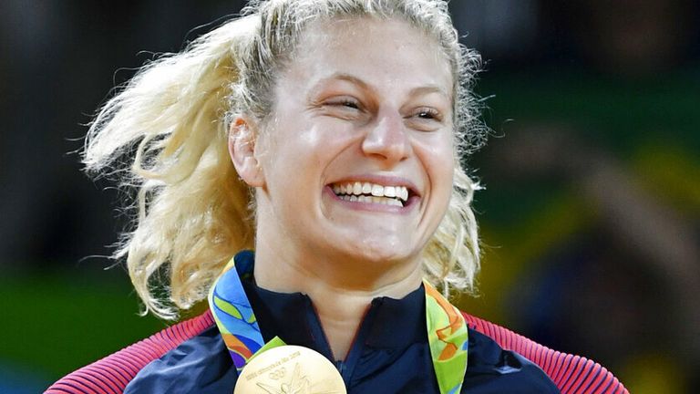 American judoka Kayla Harrison poses with her gold medal after winning the women's 78-kilogram category at the Rio de Janeiro Olympics on Aug. 11, 2016. (Kyodo via AP Images)