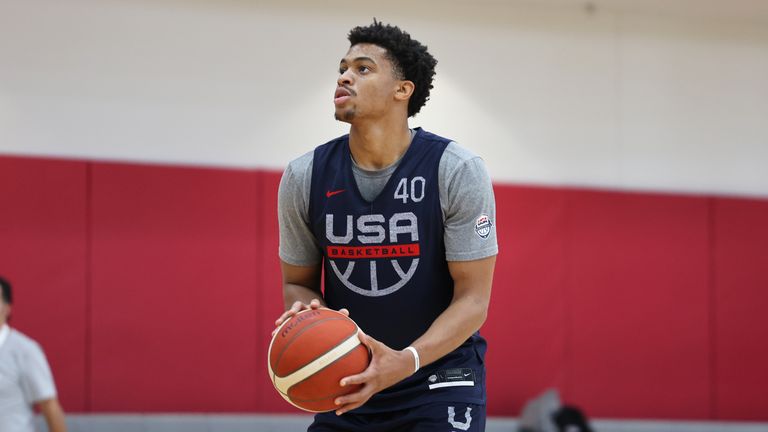 LAS VEGAS, NV -.. JULY 16: Keldon Johnson #40 of the USA Men's National Team looks on during USAB Mens National Team practice at the Mendenhall Center on July 16, 2021 in Las Vegas, Nevada. NOTE TO USER: User expressly acknowledges and agrees that, by downloading and or using this photograph, user is consenting to the terms and conditions of the Getty Images License Agreement. Mandatory Copyright Notice: Copyright 2021 NBAE (Photo by Madison Quisenberry/NBAE via Getty Images)