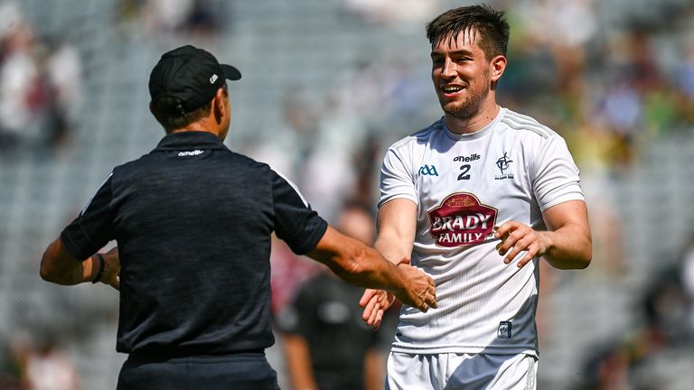 18 July 2021; Mark Dempsey of Kildare and Kildare manager Jack O'Connor embrace after the Leinster GAA Senior Football Championship Semi-Final match between Kildare and Westmeath at Croke Park in Dublin. Photo by Harry Murphy/Sportsfile