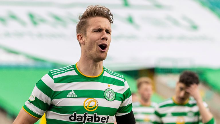 SNS - GLASGOW, SCOTLAND - MAY 12: kristoffer Ajer makes it 3-0 to Celtic during the Scottish Premiership match between Celtic and St Johnstone at Celtic Park on May 12, 2021, in Glasgow, Scotland. (Photo by Craig Williamson / SNS Group)