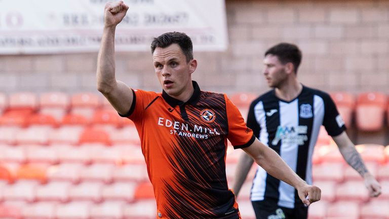 DUNDEE, SCOTLAND - JULY 14: Dundee United's Lawrence Shankland celebrates his equaliser during a Premier Sports Cup tie between Dundee United and Elgin City at Tannadice Park, on July 14, 2021, in Dundee, Scotland. (Photo by Paul Devlin / SNS Group)