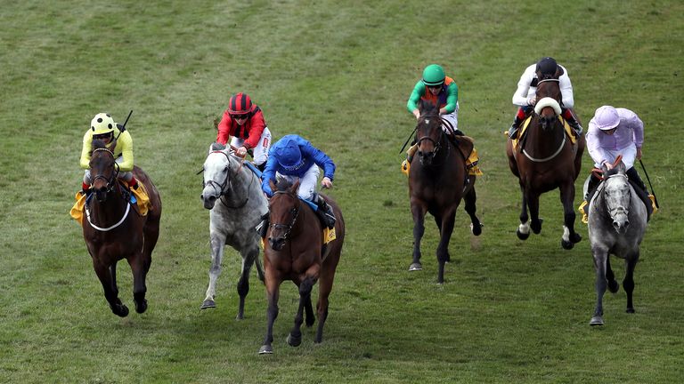Lazuli (blue) wins the Palace House Stakes at Newmarket in May