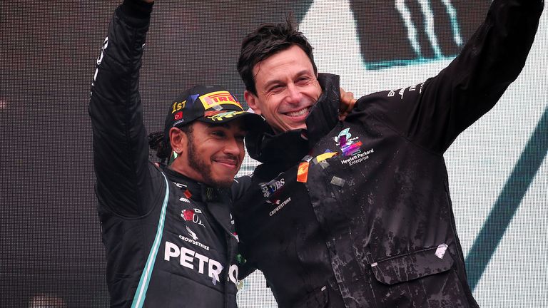 File photo dated 15-11-2020 of Mercedes AMG F1&#39;s Lewis Hamilton (GBR) celebrates on the podium