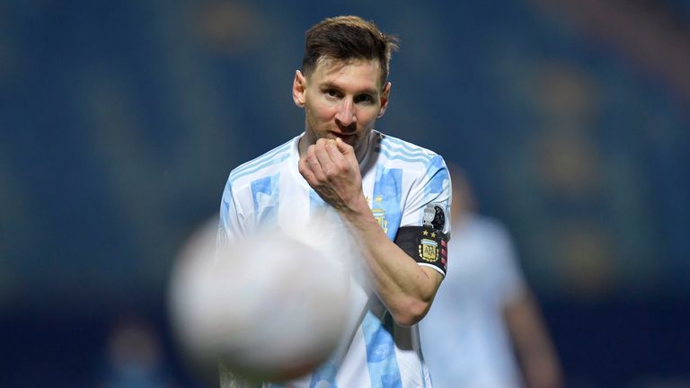 Lionel Messi playing for Argentina against Ecuador at the 2021 Copa America in Brazil