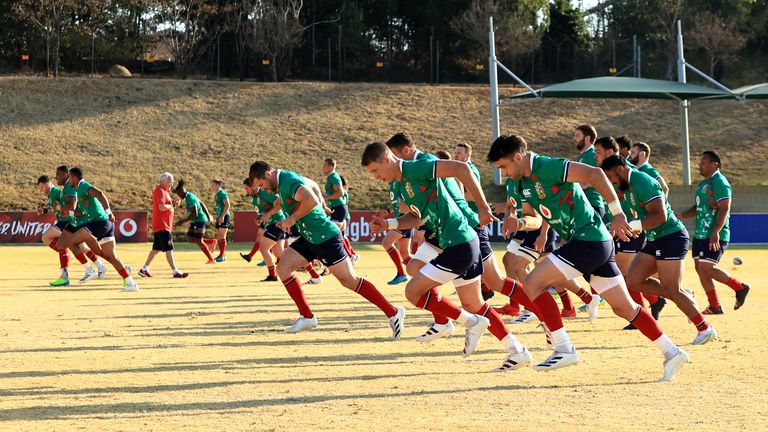The British and Irish Lions are put through a training session in South Africa