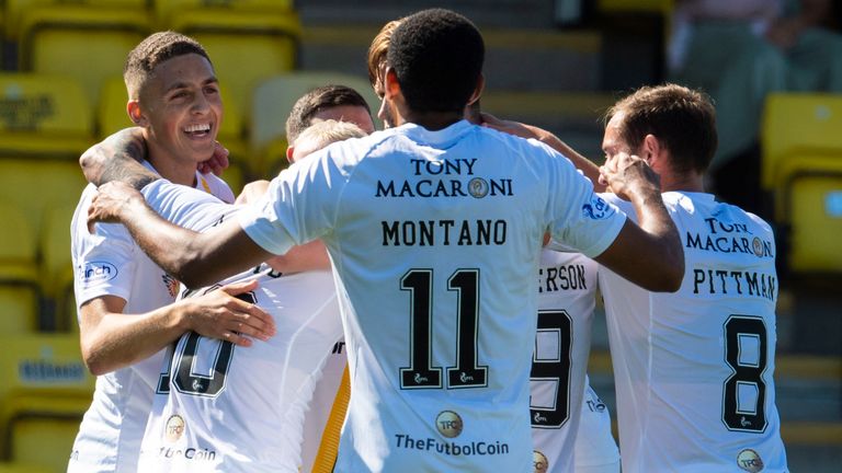 Livingston players congratulate goalscorer Craig Sibbald after his goal against Cowdenbeath