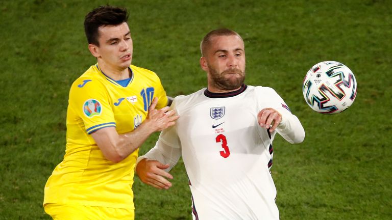 Ukraine's Mykola Shaparenko, left, is challenged by England's Luke Shaw 