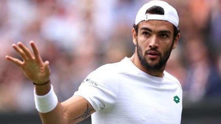 Matteo Berrettini reacts against Hubert Hurkacz in the mens singles semi final match on day eleven of Wimbledon at The All England Lawn Tennis and Croquet Club, Wimbledon. Picture date: Friday July 9, 2021.